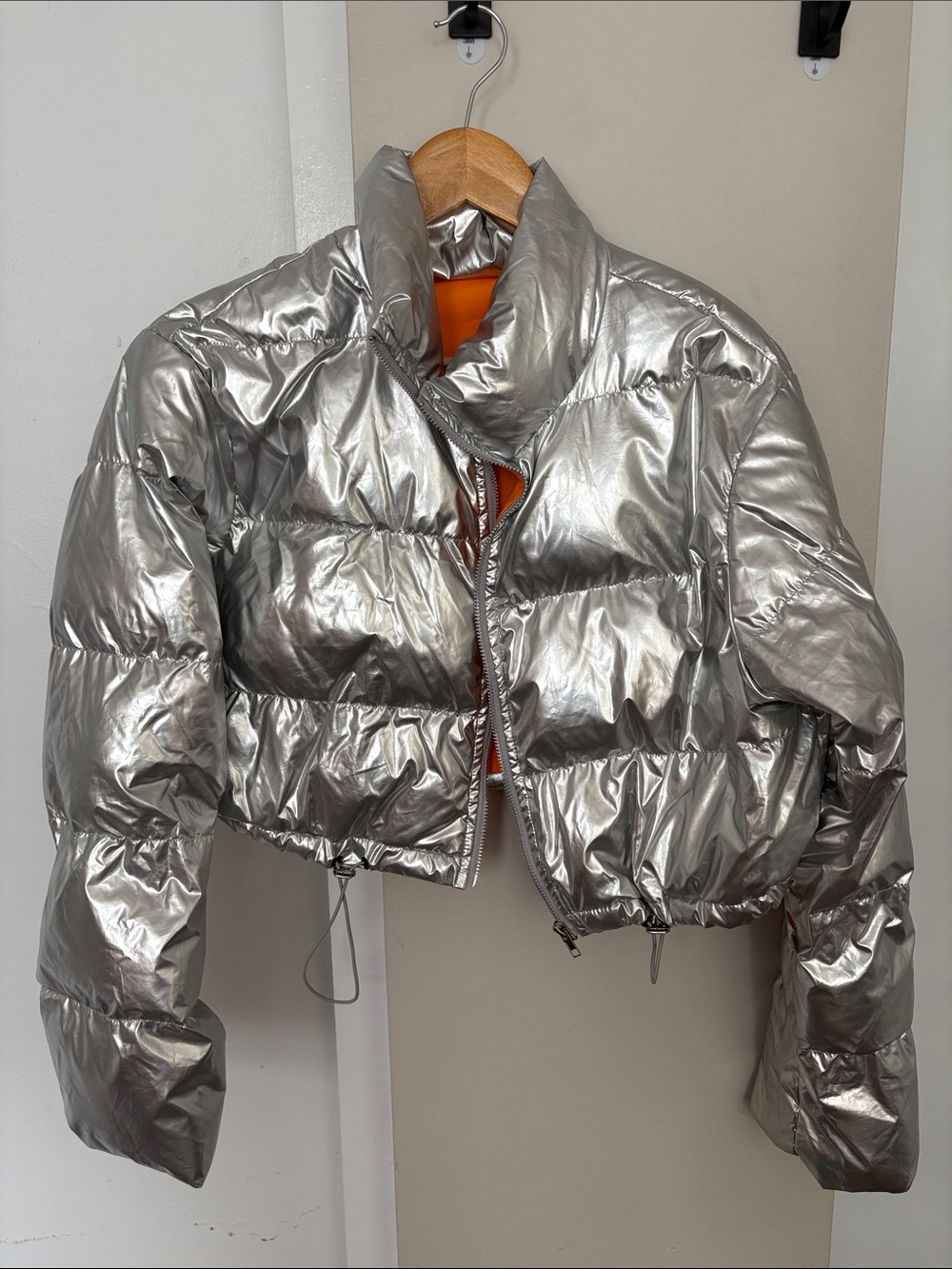 SHEIN Metallic Silver Cropped Puffer Jacket with Orange Lining